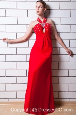 Red Empire Halter Prom Dress Chiffon Rhinestone Long