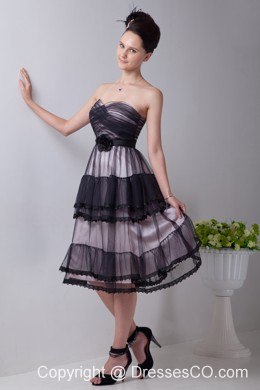 Black Empire Tea-length Tulle Hand Made Flowers Prom / Homecoming Dress
