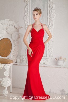 Red Mermaid Halter Ruching And Beading Prom Dress Long Chiffon