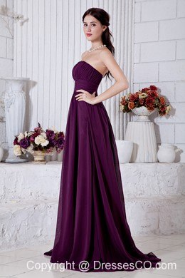 Dark Purple Empire Strapless Ruching Prom / Evening Dress Brush Train Chiffon