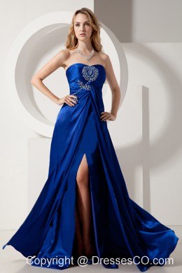 Royal Blue Column Strapless Prom Dress Elastic Woven Satin Beading Brush Train