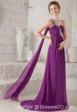 Purple Empire One Shoulder Watteau Train Chiffon Beading Prom / Evening Dress