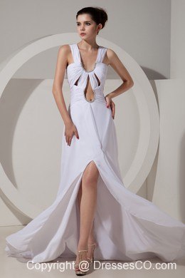 Sexy White Prom Dres Wide Straps Brush Train Chiffon Beading and Ruching Column / Sheath