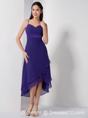 Customize Purple Empire Spaghetti Straps Bridesmaid Dress High-low Chiffon