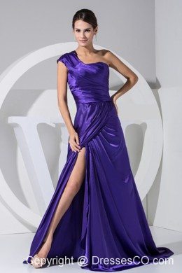 One Shoulder High Slit Purple Taffeta Brush Train Prom Dress