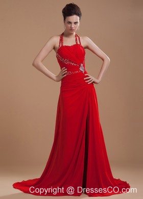 Beading Decorate Bodice High Slit Halter Red Chiffon Brush Train Prom Dress