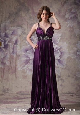 Customize Dark Purple Column Evening Dress Spaghetti Straps Elastic Woven Satin Beading Long