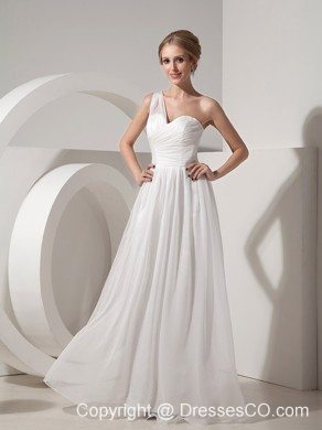 White Empire One Shoulder Beach Wedding Dress Organza Ruching Long