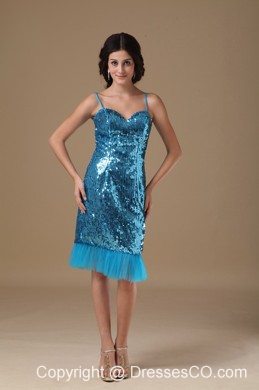 Teal Column Straps Knee-length Sequin Beading Prom Dress