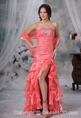 Beaded Decorate Bust Ruched Watermelon Red High Slit Brush Train Prom / Evening Dress