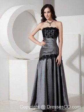 Elegant Grey Evening Dress A-line / Princess Strapless Taffeta Lace Long