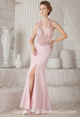Pink Column V-neck Long Chiffon Appliques Prom / Evening Dress