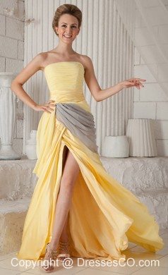 Yellow Empire Strapless Brush Train Elastic Woven Satin Ruching Prom / Celebrity Dress