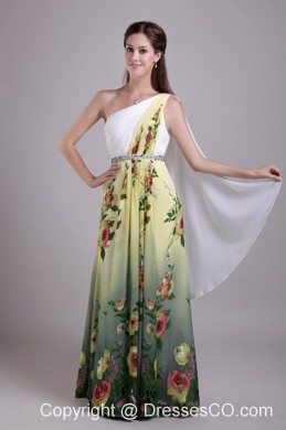 Exquisite Empire One Shoulder Wattetau Train Print Beading Prom Dress