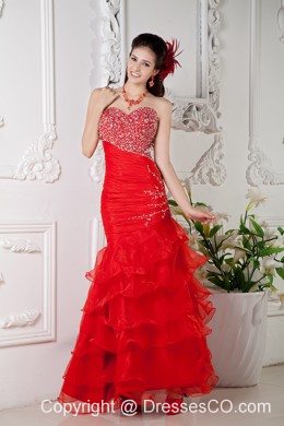 Red Mermaid Long Organza Beading Prom / Evening Dress