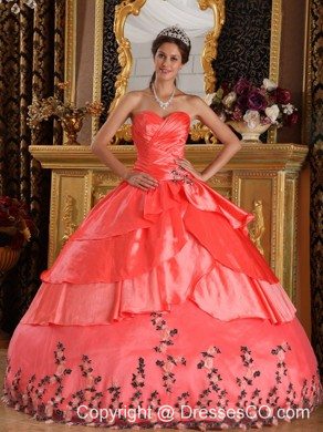 Watermelon Red Ball Gown Long Taffeta Appliques Quinceanera Dress