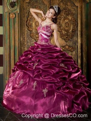 Fuchsia Ball Gown Strap Long Taffeta Beading Quinceanera Dress
