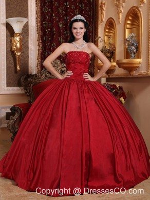Red Ball Gown Strapless Long Taffeta Beading Quinceanera Dress