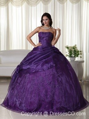 Purple Ball Gown Strapless Long Tulle Beading Quinceanera Dress