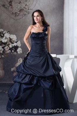 Navy Blue One Shoulder Hand Made Flowers Quinceanera Dress