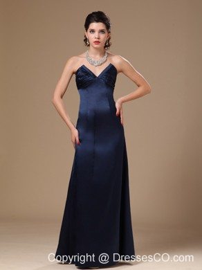 Navy Blue Satin Column V-neck Stylish Formal Evening Prom Gowns For Custom Made