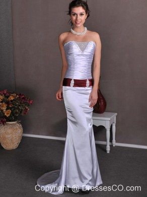 Lilac Column Strapless Brush Train Elastic Wove Satin Beading and Ruching Prom Dress