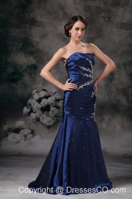 Exclusive Royal Blue Mermaid Strapless Evening Dress Taffeta Appliques Brush Train