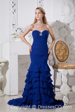 Beautiful Royal Blue Mermaid Ruffled Prom Dress Brush Train Chiffon Beading