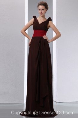 New Brown Column V-neck Ruched Mother Of The Bride Dress Brush Train Chiffon