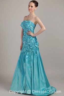 Teal A-line Strapless Brush Train Taffeta Beading and Ruched Prom Dress