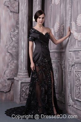 Black Mother Of The Bride Dress For Column One Shoulder Brush Train Lace Beading