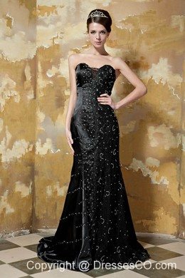 Black Column Brush Train Taffeta Sequins Prom Dress