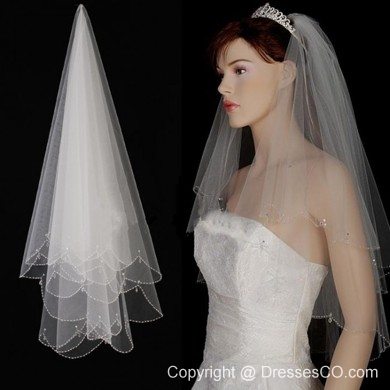 Two Layers Tulle With Pearls Fingertip Veil