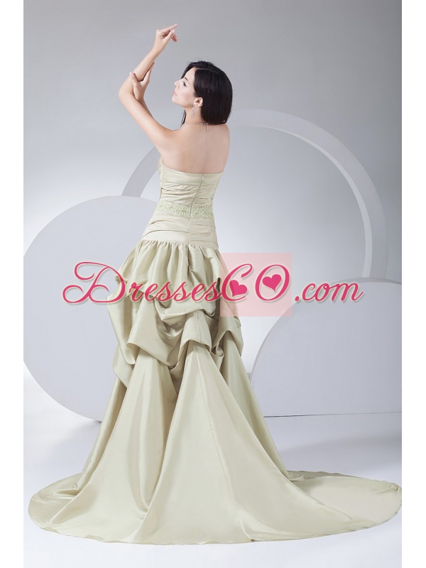 Beading and Pick-ups Decorate Bodice High-low Brush Train Neckline Prom Dress
