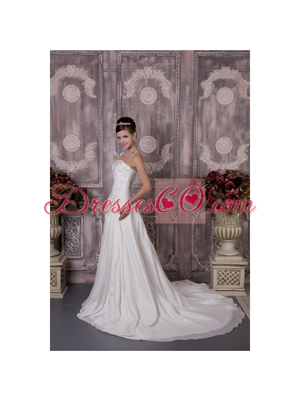Luxurious A-line One Shoulder Court Train Elastic Woven Satin Appliques Wedding Dress