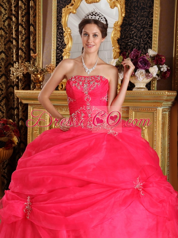Coral Red Ball Gown Strapless Long Organza Appliques Quinceanera Dress
