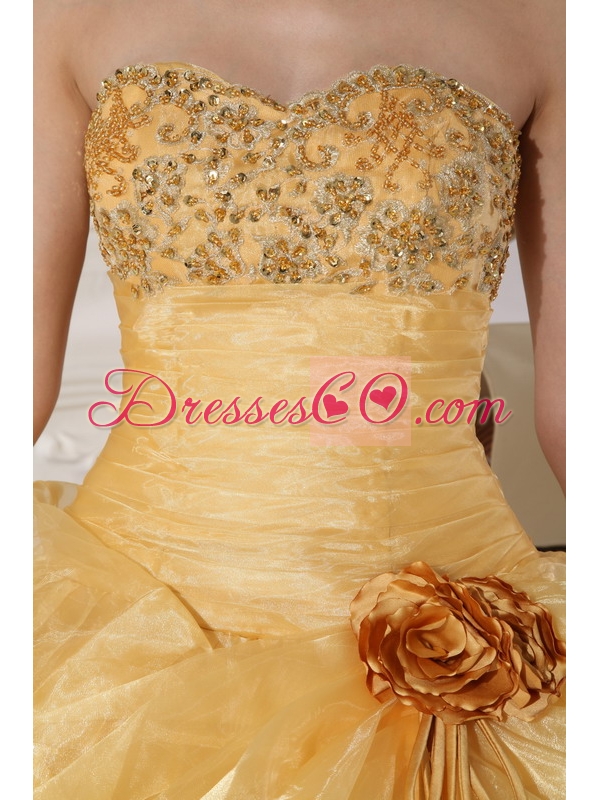 Gold Ball Gown Strapless Long Organza Embroidery With Beading Quinceanera Dress