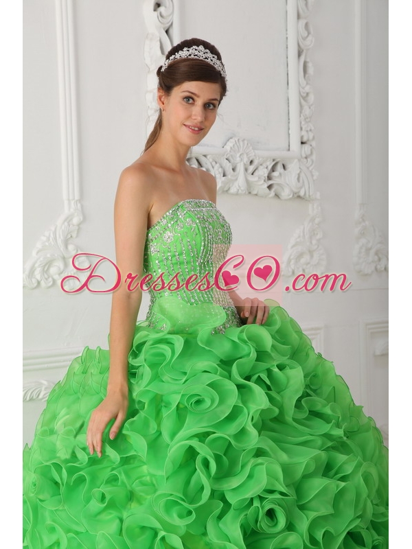Green Ball Gown Strapless Long Organza Beading Quinceanera Dress