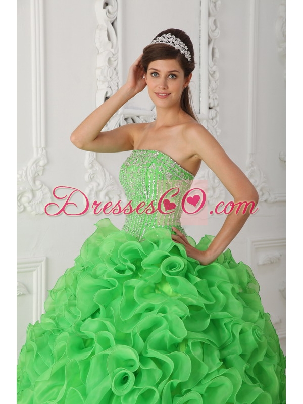 Green Ball Gown Strapless Long Organza Beading Quinceanera Dress