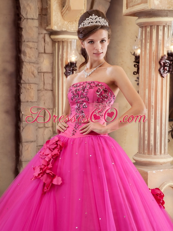Hot Pink Ball Gown Strapless Long Satin And Tulle Beading Quinceanera Dress