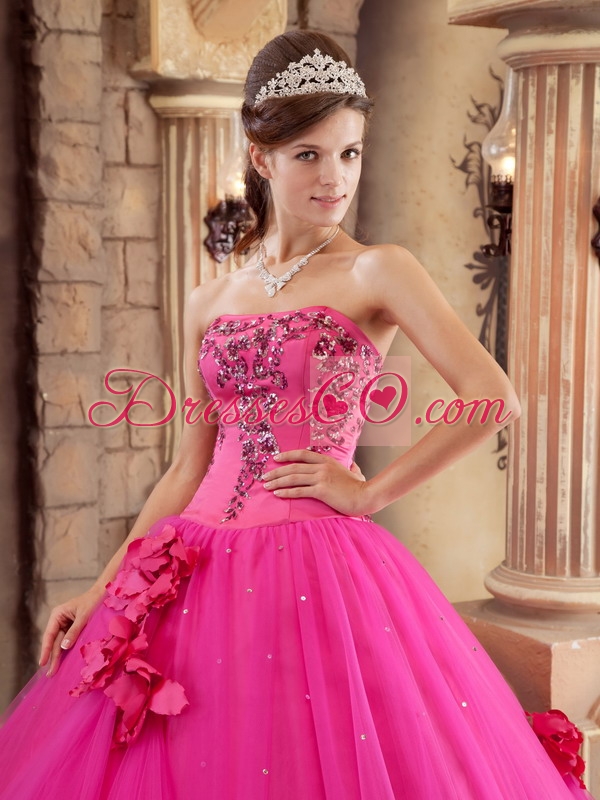 Hot Pink Ball Gown Strapless Long Satin And Tulle Beading Quinceanera Dress