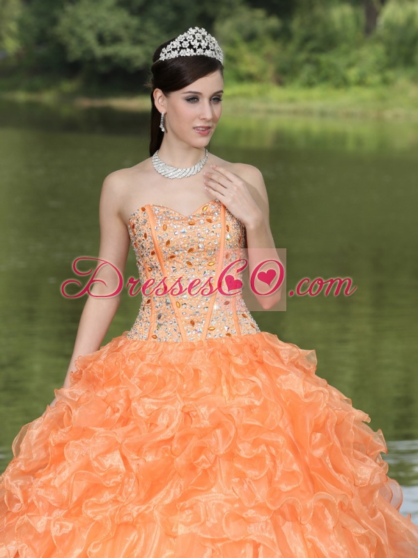 Orange Quinceanera Dress Clearance With Beaded Ruffles Layered Decorate Organza