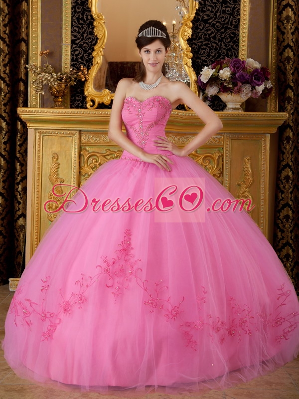 Rose Pink Ball Gown Long Tulle Appliques Quinceanera Dress