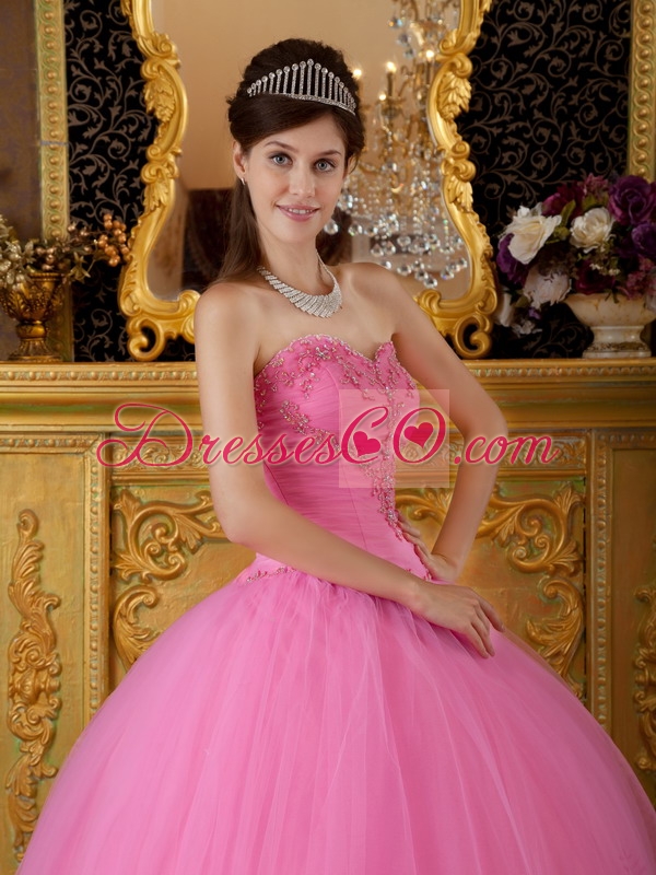 Rose Pink Ball Gown Long Tulle Appliques Quinceanera Dress
