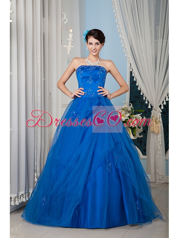 Royal Blue A-line / Princess Strapless Long Tulle Beading Quinceanera Dress