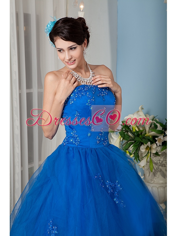 Royal Blue A-line / Princess Strapless Long Tulle Beading Quinceanera Dress