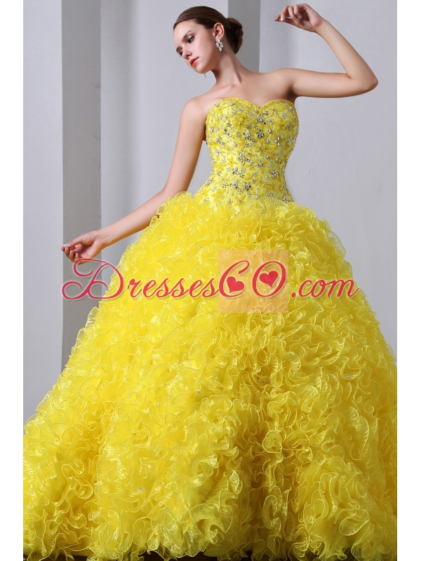Yellow A-Line / Princess Brush Train  Organza Beading and Ruffles Quinceanea Dress