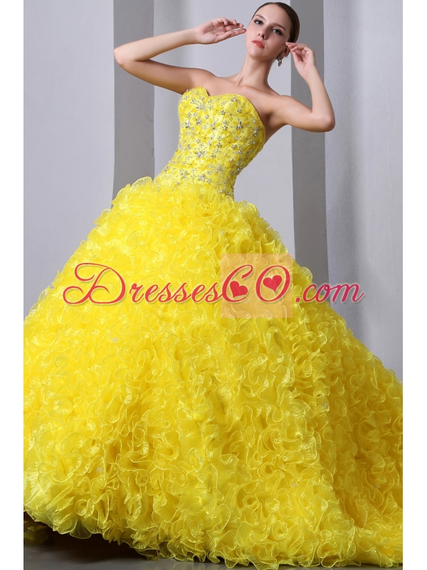 Yellow A-Line / Princess Brush Train  Organza Beading and Ruffles Quinceanea Dress