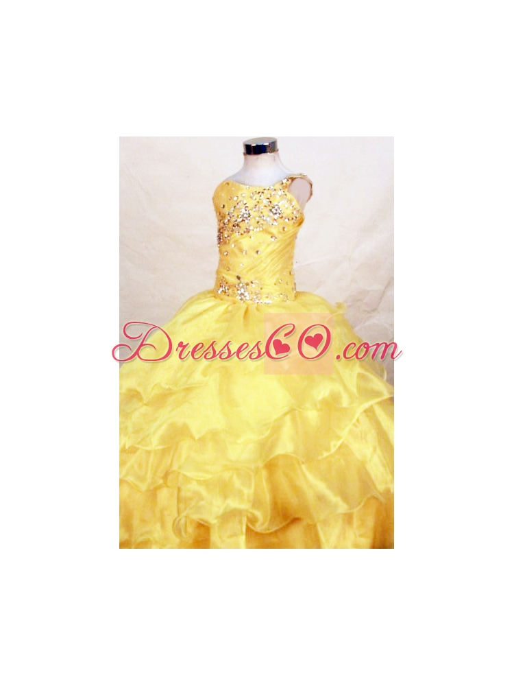 Yellow Beautiful Beaded Decorate Bust Little Girl Pageant DressWith One Shoulder Neck Ruffles
