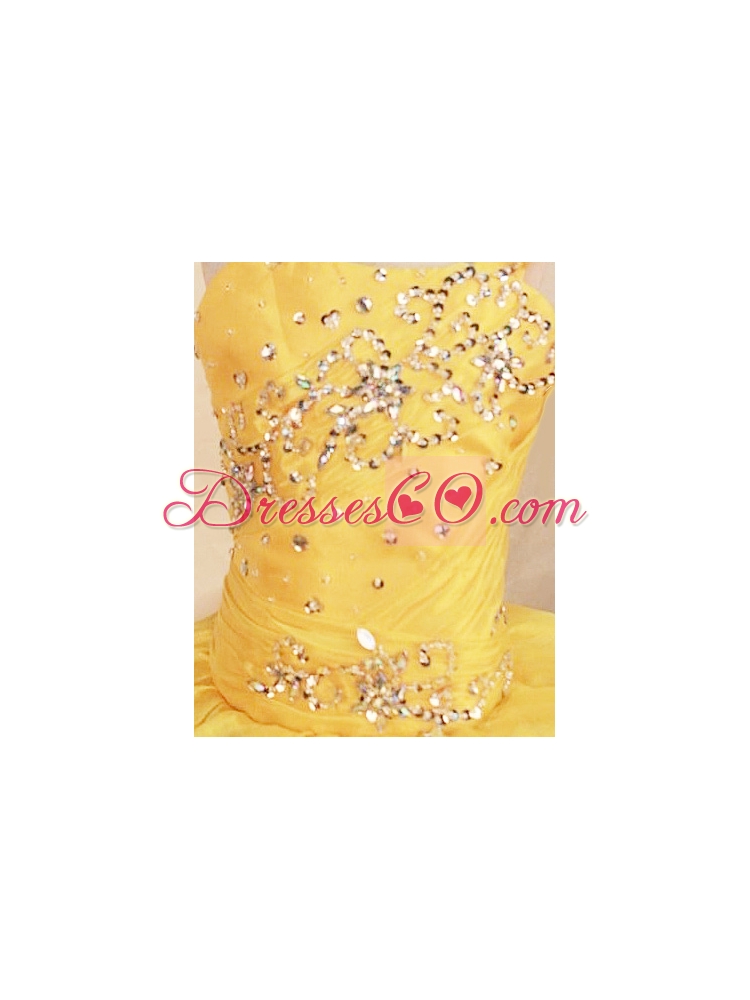 Yellow Beautiful Beaded Decorate Bust Little Girl Pageant DressWith One Shoulder Neck Ruffles